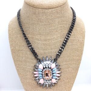PINK & BLUE RHINESTONE PENDANT GUN METAL CHAIN NECKLACE STATEMENT BLING LARGE